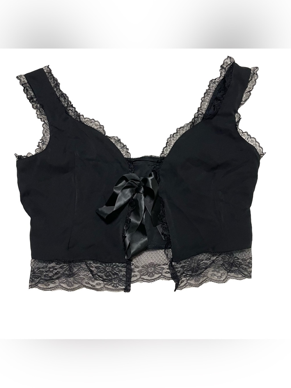 Goth Black Lace Trim Camisole Crop Top with Tie Front